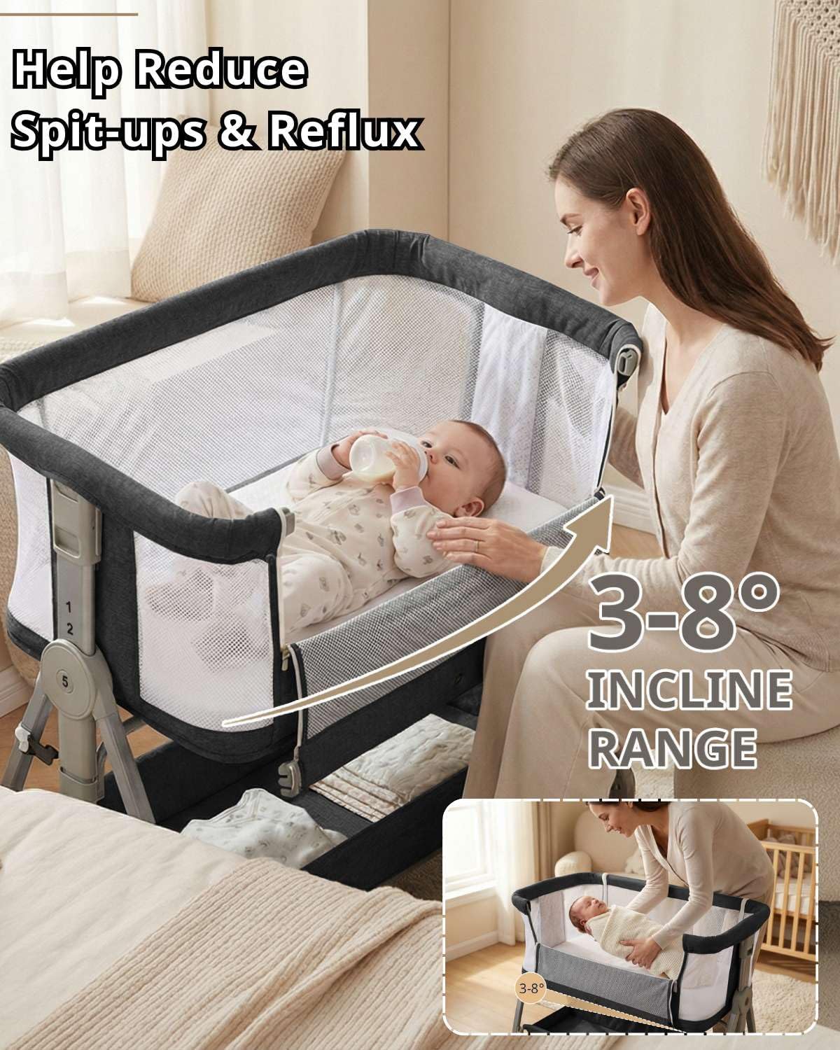 Bedside Bassinet for Baby, Sturdy 3 in 1 Bedside Sleeper with Mattress & Wheels, Height Adjustable, Breathable Mesh, Storage Basket, Easy to Assemble for Newborn, Grey