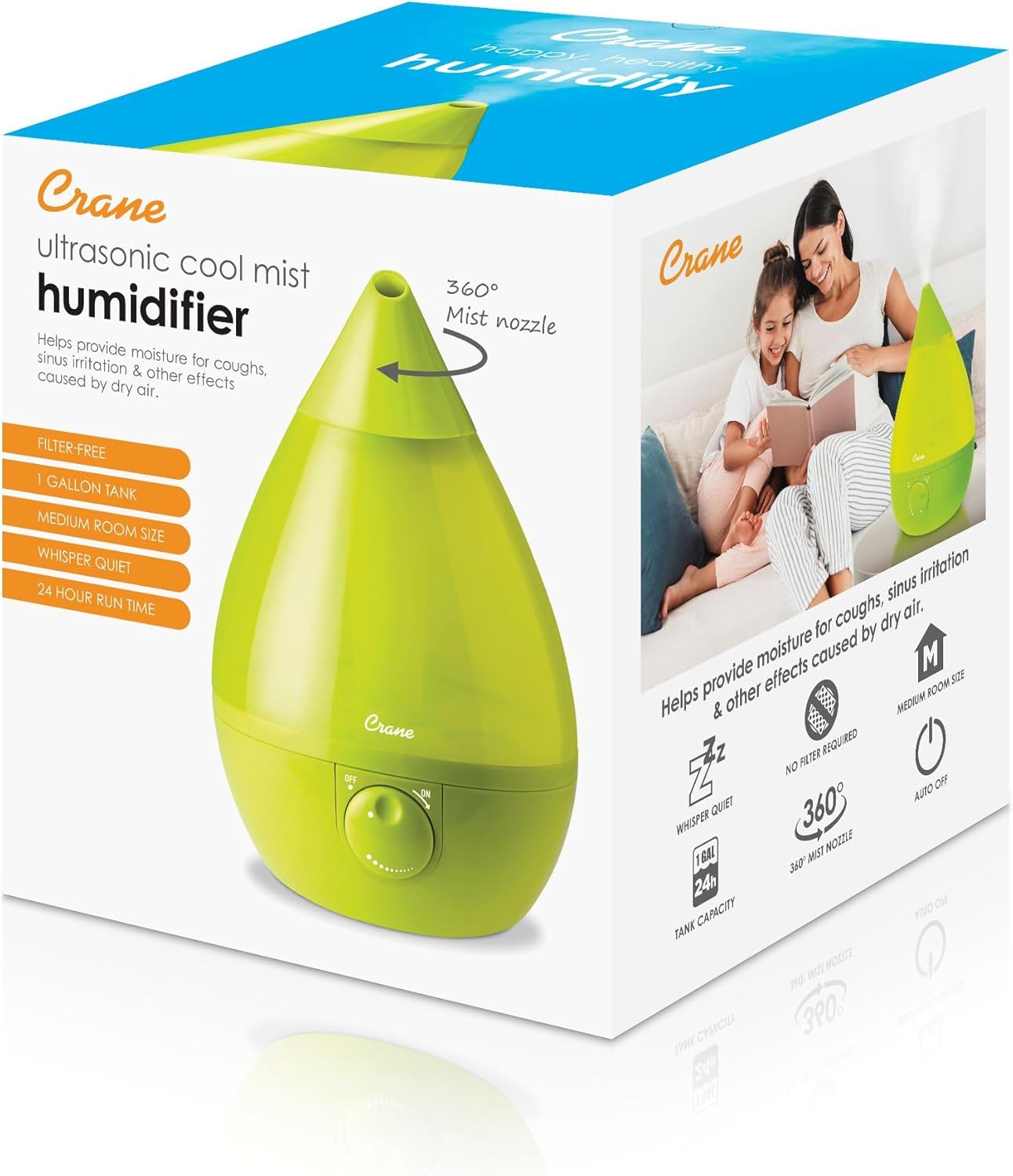 Crane Ultrasonic Cool Mist Humidifier for Bedroom, Baby Nursery, Kids Room, Plants, or Office, Large 1 Gallon Tank, Filter Optional, Clear and White