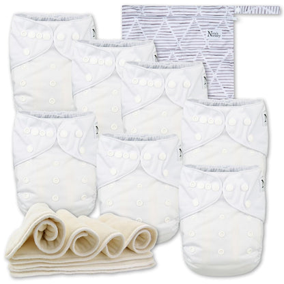 Nora's Nursery Cloth Diapers 7 Pack with 7 Inserts & 1 Wet Bag - Waterproof Cover, Washable, Reusable & One Size Adjustable Pocket Diapers for Newborns and Toddlers - Cali Coastal
