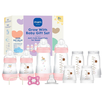 MAM Grow with Baby Anti-Colic Bottle Set – 4 Easy Start Bottles (5oz & 9oz) with Trainer Handles & Spout, Comfort Newborn Pacifier, Extra Bottle Bodies & Nipples, Self-Sterilizing Baby Feeding System