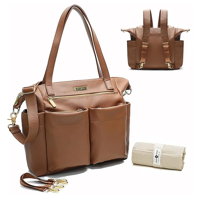 miss fong Diaper Bag Tote Leather Diaper Bag Backpack Pañaleras Para Bebe with 11 Pockets,Leather Diaper Tote with Diaper Changing Pad, Baby Bag for Moms Mommy Bag for Women