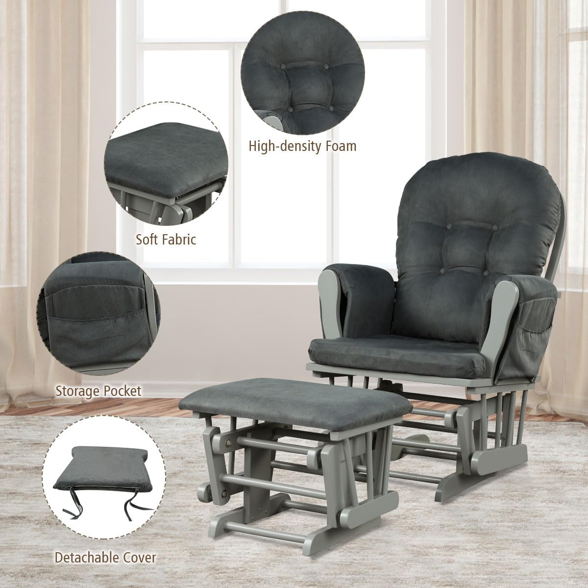 Costzon Nursery Glider with Ottoman, Upholstered Comfort Glider Rocker with Padded Cushion, Storage Pocket, Solid Wood Base, Rocking Chair Nursery for Breastfeeding, Napping (Light Gray)