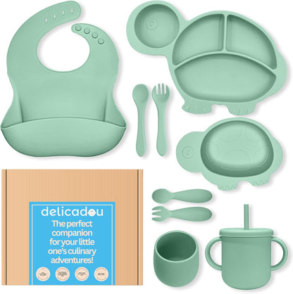 Silicone Baby Feeding Set - 9 Pieces - First Stage Solid Food Eating Baby Utensils - 6+ Months - Crab Shape