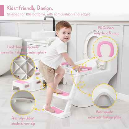 Forbena Potty Training Toilet Seat with Step Stool Ladder, Toddler Kids Potty Seat for Boys Girls, Non Slip Foldable Toilet Training Seat with Soft Cushion, Comfortable Handles (White-Grey)