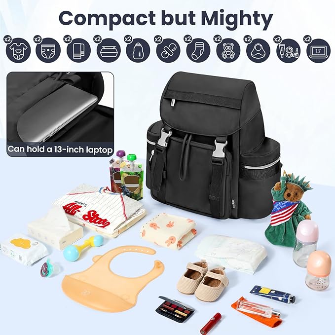 Diaper Bag Backpack with Changing Pad, Pacifier Case & Stroller Straps, Insulated Pockets Water Resistant Travel Essentials Baby Bag Multipurpose Travel Back, Big Storage in a Small Footprint