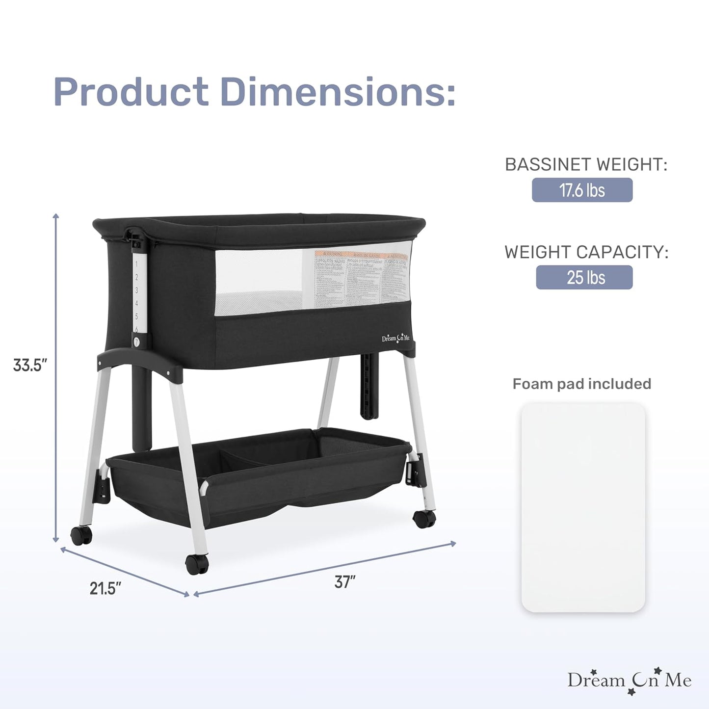 Dream On Me Calypso Portable Bassinet with Wheels, Adjustable Height Bedside Sleeper, Foldable Baby Bassinet with Breathable Mesh Sides, Foam Mattress, Easy Mobility & Travel-Friendly Design - Black