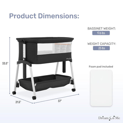 Dream On Me Calypso Portable Bassinet with Wheels, Adjustable Height Bedside Sleeper, Foldable Baby Bassinet with Breathable Mesh Sides, Foam Mattress, Easy Mobility & Travel-Friendly Design - Black