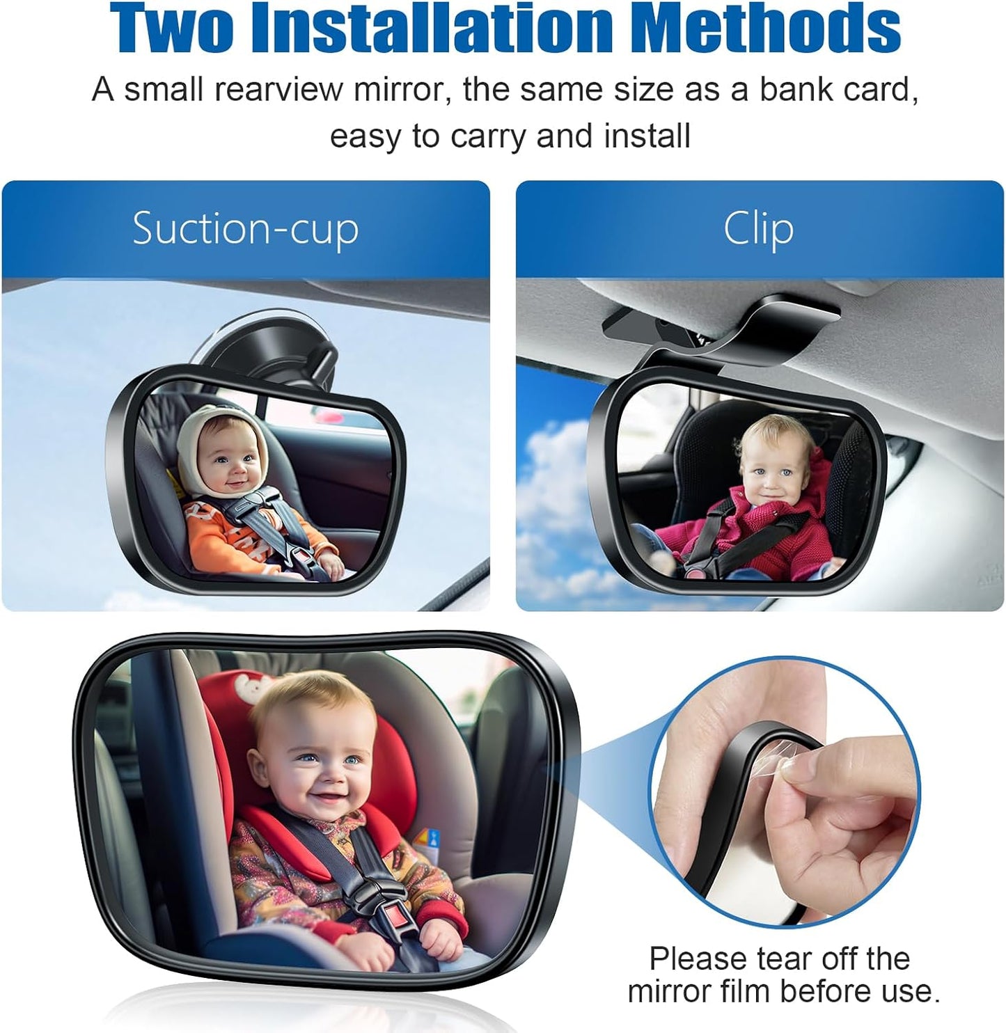 360 Adjustable Rearview Mirror for Rear Facing Infant - Suction Cup & Clip Car Visor Safety Mirror for SUV, Trucks