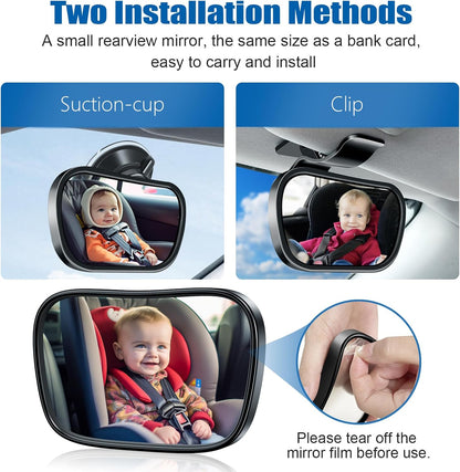 360 Adjustable Rearview Mirror for Rear Facing Infant - Suction Cup & Clip Car Visor Safety Mirror for SUV, Trucks