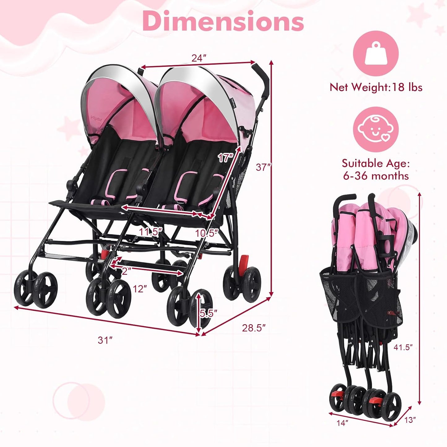 BABY JOY Double Umbrella Stroller, Lightweight Travel Side by Side Twin Stroller with Large Storage, Cup Holder, 5-Point Safety Harness, Adjustable Canopy & Compact Fold for Infant and Toddler (Black)