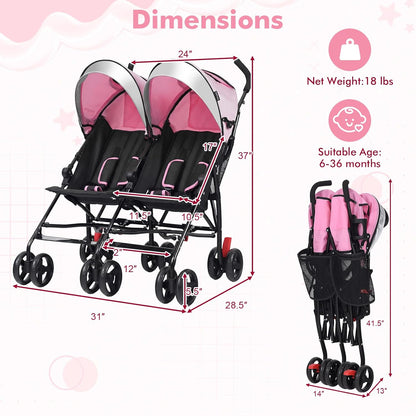 BABY JOY Double Umbrella Stroller, Lightweight Travel Side by Side Twin Stroller with Large Storage, Cup Holder, 5-Point Safety Harness, Adjustable Canopy & Compact Fold for Infant and Toddler (Black)