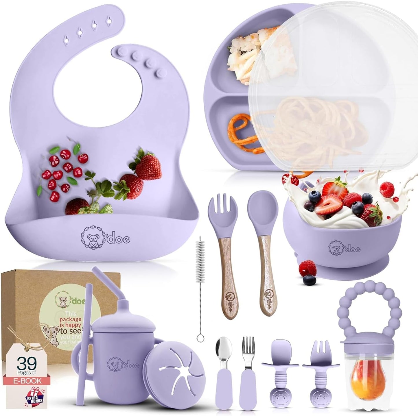 O'doe 17-Piece BPA-Free Silicone Baby Feeding Set | Thick & Soft Suction Plates, Baby Bowls, Wooden Fork & Spoon, and More | Make Mealtime Fun and Easy for Your Little One (Purple, V2)