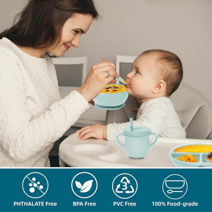 100% Silicone Baby Feeding Set, BPA Free Baby Dishes with Suction Bowl, Divided Plate, Toddler Self Feeding Dish Set with Spoons, Forks, Sippy Cup and Bib, Baby Eating Utensils (Navy Blue)