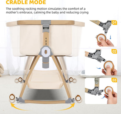 Bassinet Bedside Sleeper,Bedside Bassinet,Rocking Bassinet,3 in 1 Portable Bedside Crib with Mattress,Mobile,Mosquito Net,Storage Basket,6-Height Adjustable Baby Bassinet with Wheels for Newborn,Beige