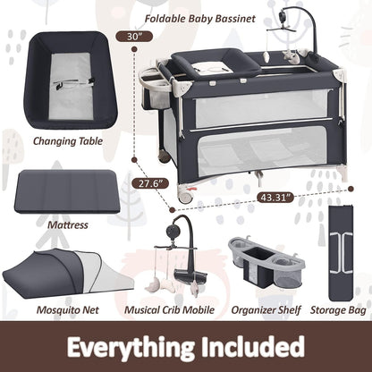 5-in-1 Baby Bassinet Bedside Sleeper, Foldable Pack and Play,One-Push Bedside Crib with Playard, Includes Mattress, Changing Table, Mosquito Net, Music Toy & Storage for Newborn to Toddler (Dark Grey)