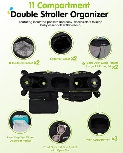 Double Stroller Organizer with 11 Compartment for Bob Duallie, Baby Jogger City Mini GT2, Double Jogging Stroller Caddy, Jeep, Zoe Stroller Accessories with 2 Insulated Pocket, Parent Console