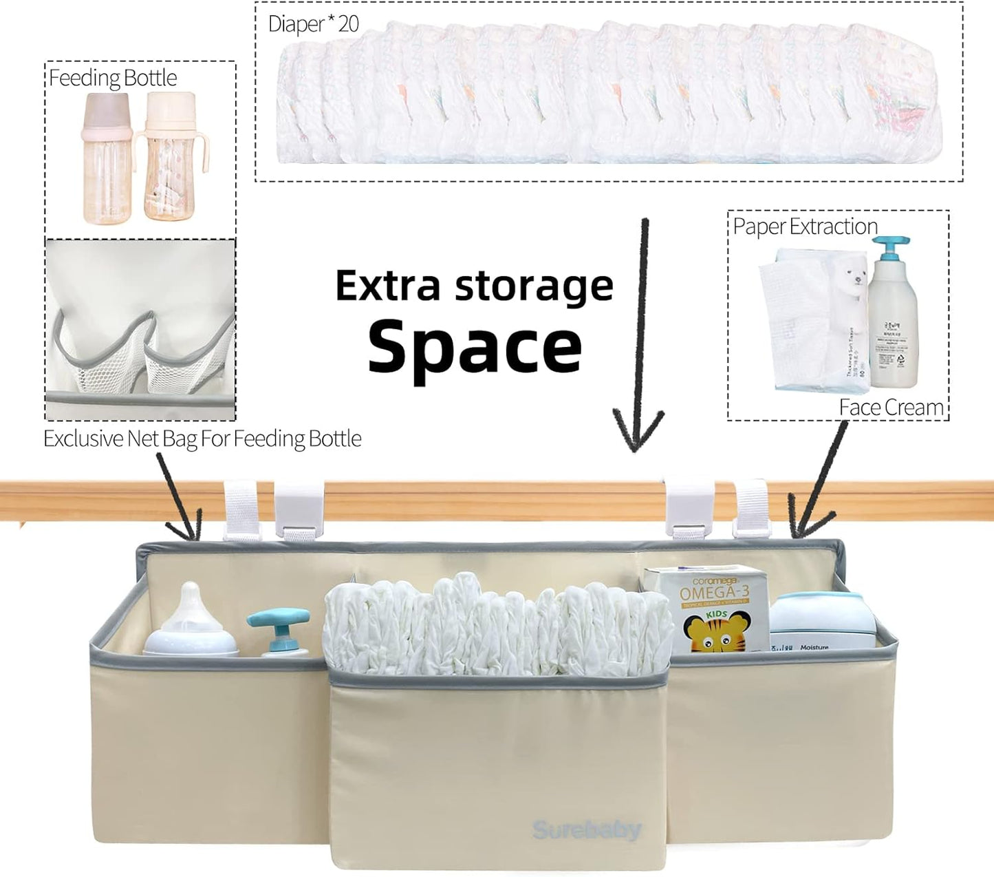 Hanging Baby Diaper Caddy, 3-in-1 Diaper Caddy Organizer Holder For Baby Crib, Nursery Organization Diaper Stacker Storage For Crib, Changing Table-Grey