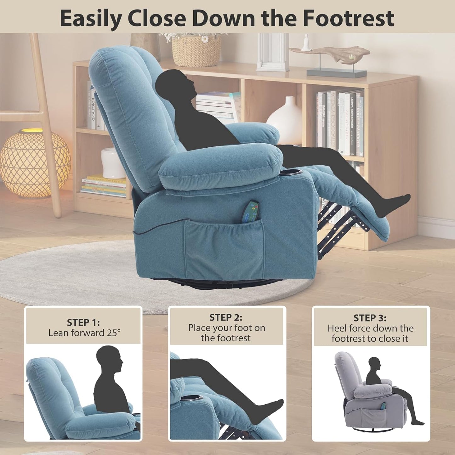 Rocker Recliner Chair with Massage and Heat, Oversized Rocking Nursery Recliners Overstuffed Swivel Glider with Cup Holder, Fabric Manual Single Sofa for Living Room, Beige