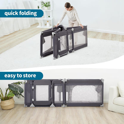 Sweeby Foldable Baby Playpen, Baby Gate Playpens for Babies and Toddlers 79x71 Extra Large Play Yard with Door Fence with Mat and Indoor Play Pen,Light Grey