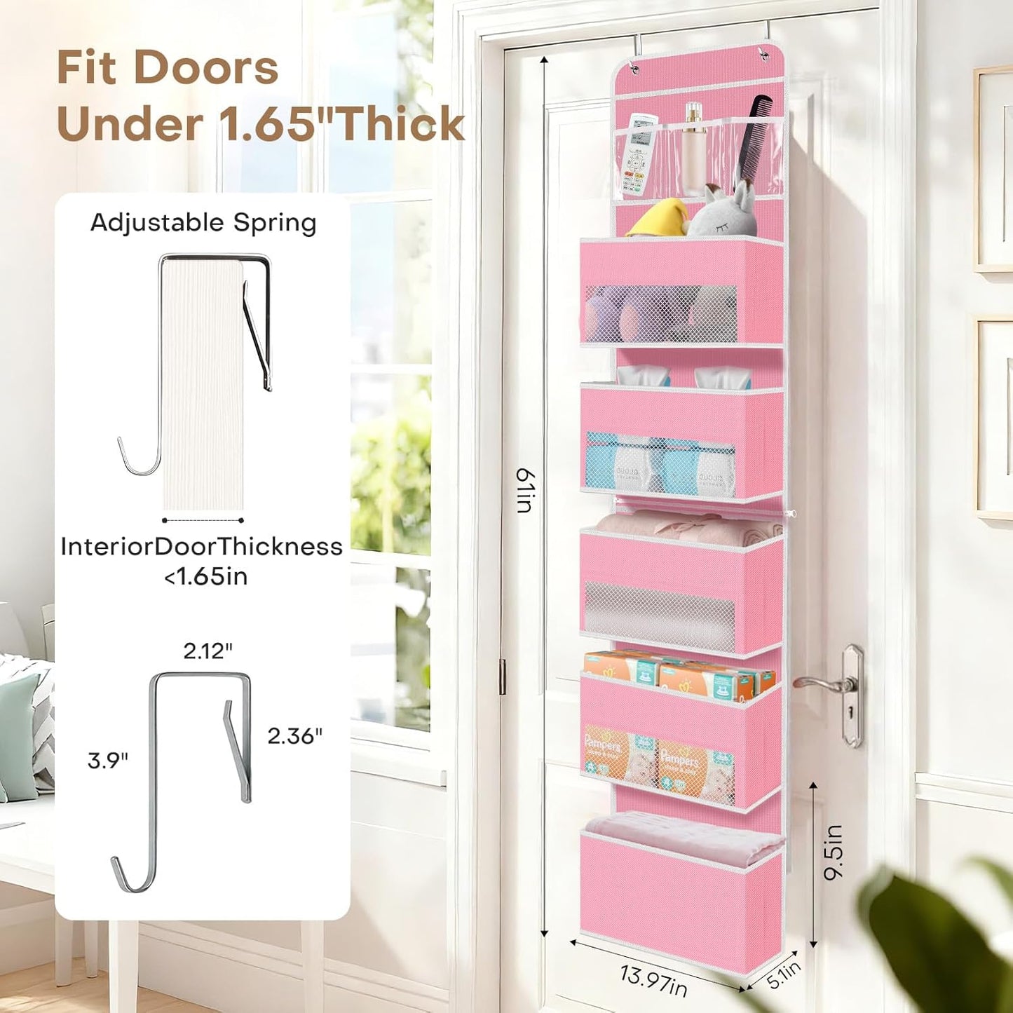 SpaceWhisper Over the Door Organizer, 4 Large Pocket Hanging Storage Organizer with 40lb Capacity, Space Saving for Nursery, Bathroom, Bedroom, Closet - Baby Essentials & Toiletry Organizer (Pink)