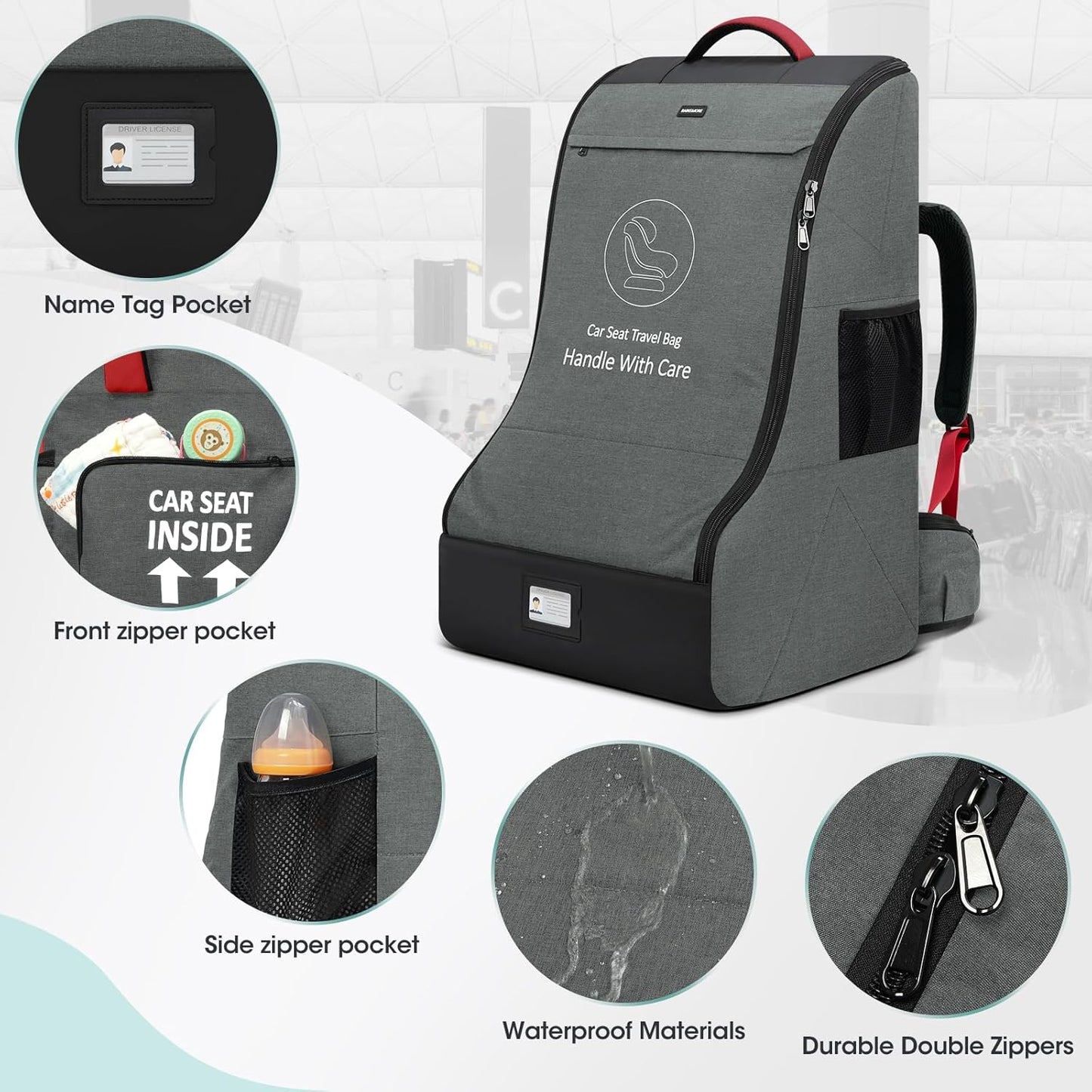 RAINSMORE Padded Car Seat Travel Bag for Airplane Heavy Duty Car Seat Backpack for Air Travel Baby Carseat Cover Bags for Airport Large Car Seats Carrier Fits Car Seats & Booster Seats, Black