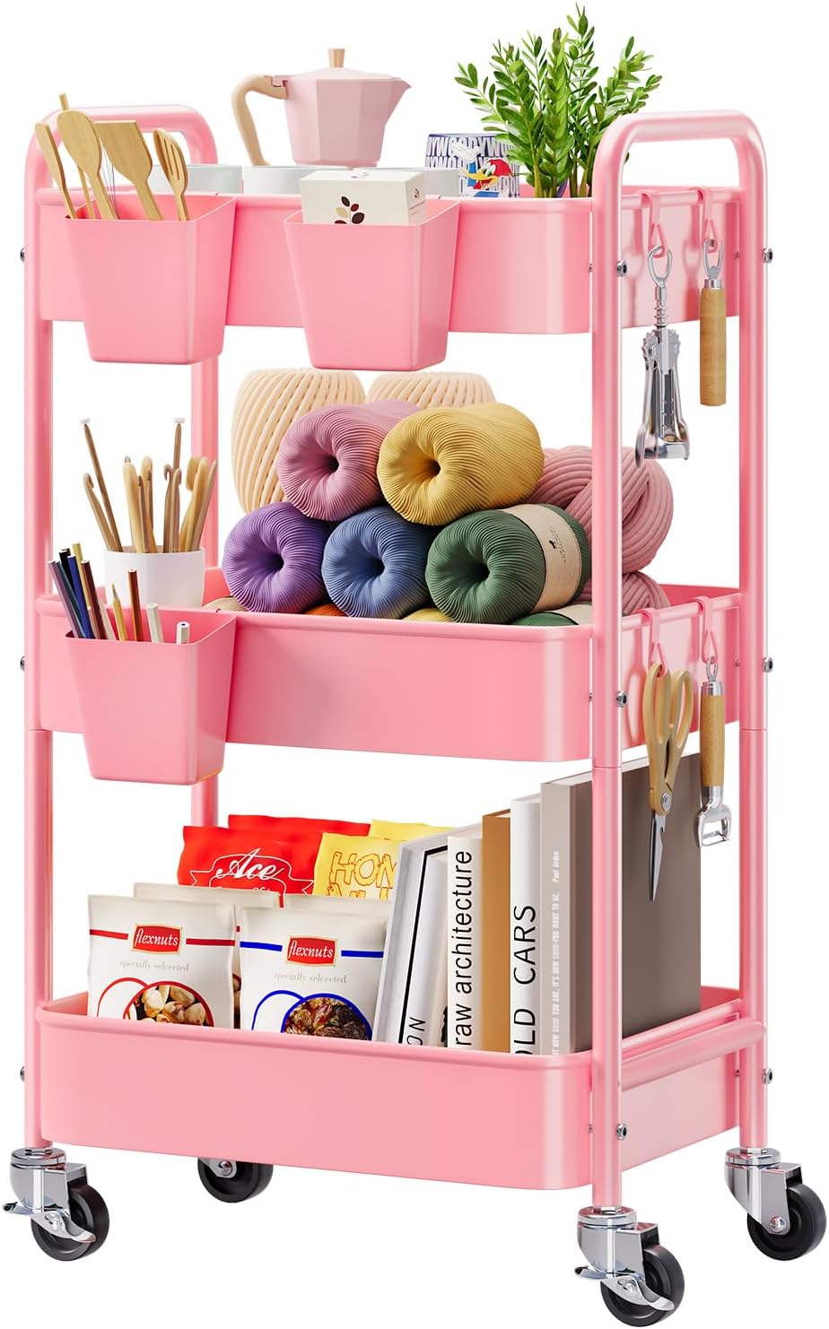 3 Tier Rolling Cart Metal with Lockable Wheels, Pink Three Tiered Diaper Caddy Cart Organizer on Wheels, Storage Utility Trolley Carts for Craft, Art, Nail, Lash, Baby Supplies, Cleaning, Mesh