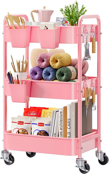 3 Tier Rolling Cart Metal with Lockable Wheels, Pink Three Tiered Diaper Caddy Cart Organizer on Wheels, Storage Utility Trolley Carts for Craft, Art, Nail, Lash, Baby Supplies, Cleaning, Mesh