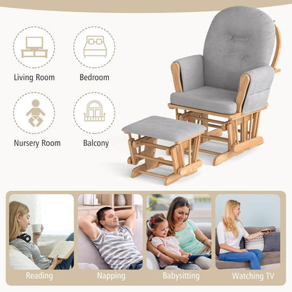 Costzon Nursery Glider with Ottoman, Upholstered Comfort Glider Rocker with Padded Cushion, Storage Pocket, Solid Wood Base, Rocking Chair Nursery for Breastfeeding, Napping (Light Gray)