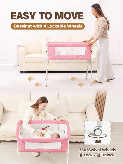 Baby Bassinet Bedside Sleeper - Upgrade Safety Bassinets with Crib Sheet, Easy to Move, 4 Adjustable Height Bedside Bassinet for Infant Newborn, Cream | More Safer, Easy Move, Storage Bag, Waterproof Sheet, Storage Bag, Easy to Install