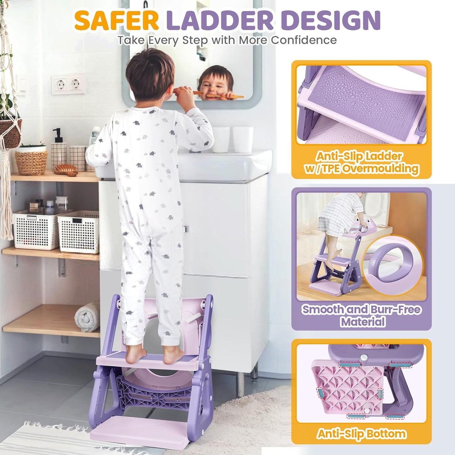 Orzbow Potty Training Seat | Upgrade Toddler Potty Training Toilet with Step Stool, 2-in-1 Stability Toilet Seat for Boys Girls | with Splash Guard, Anti-Slip Pad, Ladder, and Height Adjustable, Pink