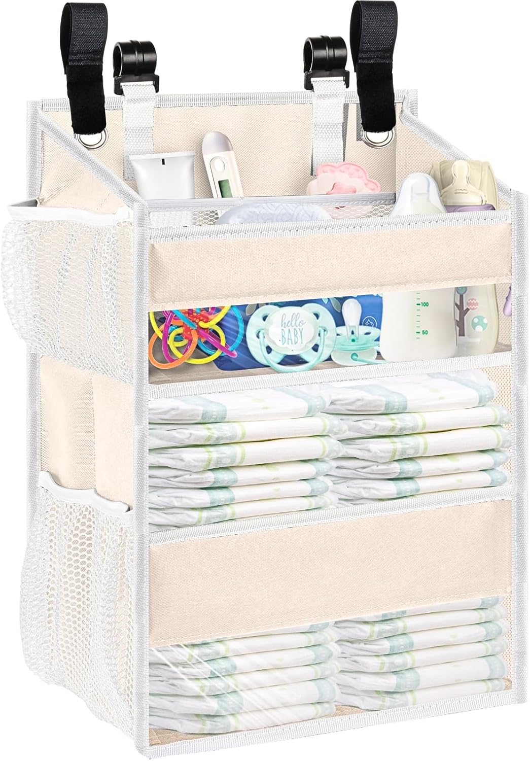 Ofiray-home Hanging Diaper Organizer for Changing Table,Cribs,Car,Playard or Wall & Nursery Organization-Durable 2-Tier Diaper Organizer with Mesh Pockets and Viewable Design, Won't Deform, Light Gray