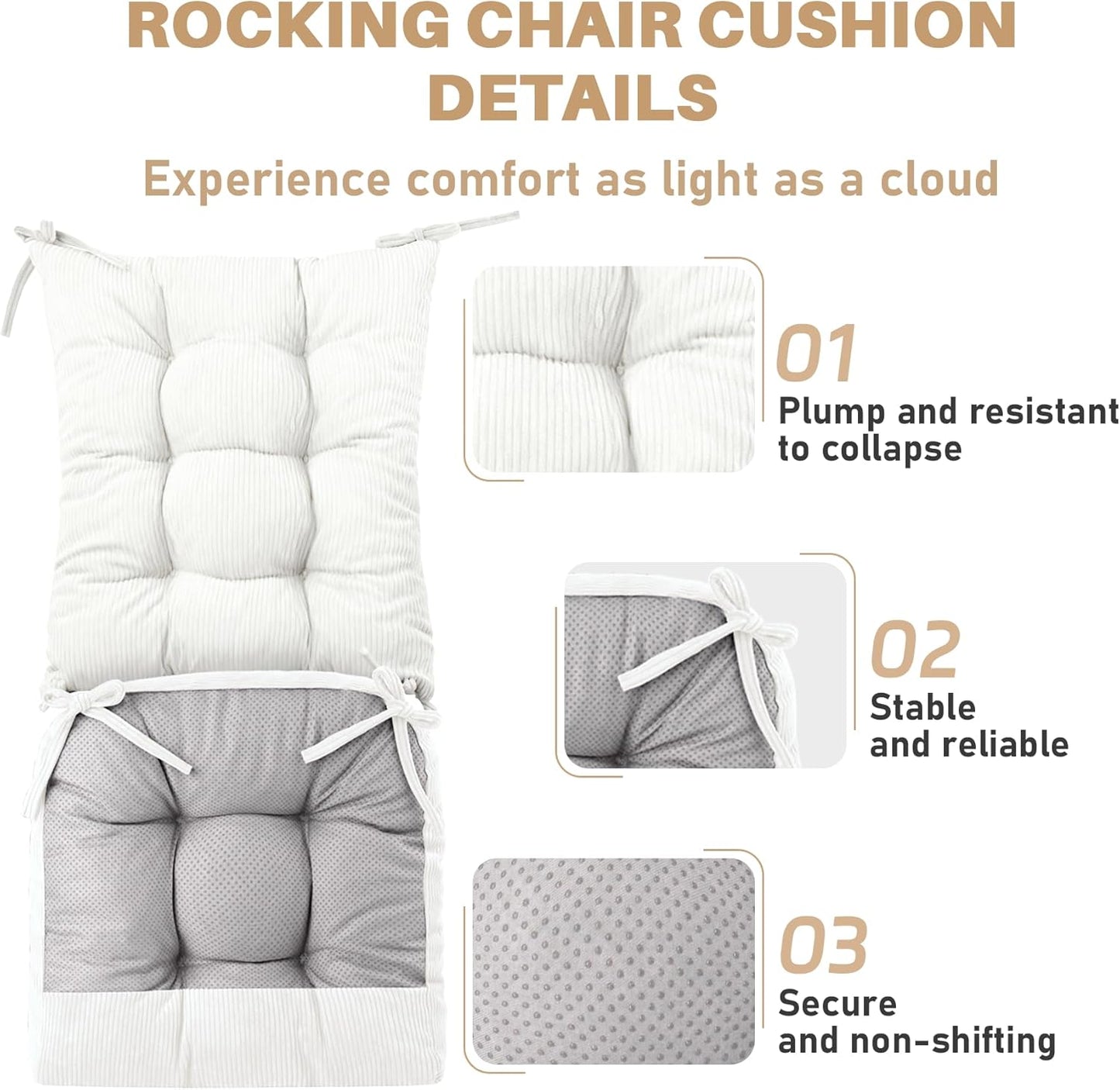 Rocking Chair Cushion with Ties Non-Slip Outdoor Rocking Chair Cushion Set Waterproof Fade-Resistant Porch Garden Patio Glider Rocker Cushions