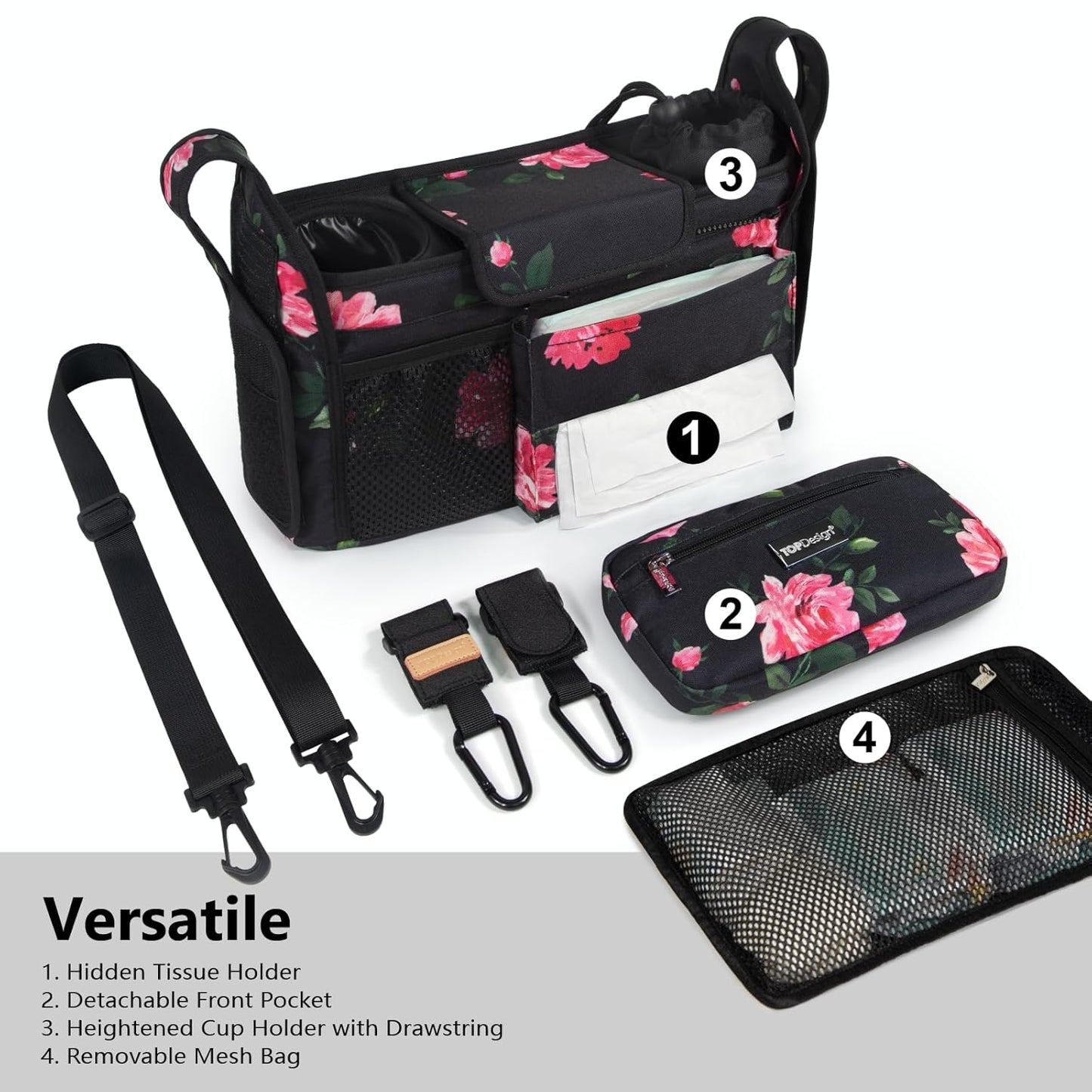TOPDesign Universal Baby Stroller Organizer, Stroller Caddy with Detachable Mesh Bag & Heightened Insulated Cup Holders & Non-Slip Secure Hooks Accessories, Fits Most Strollers (Checkerboard) - Colors B