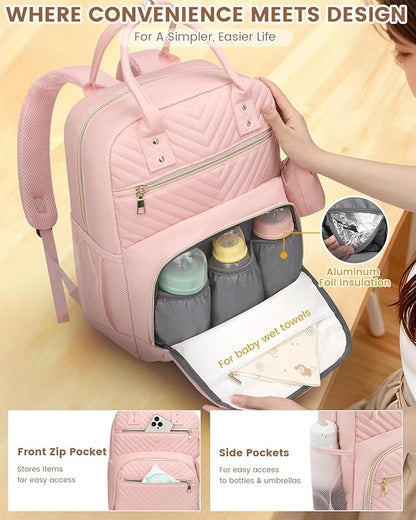 Pritent Diaper Bag Backpack,Baby Essentials Diapers Bag with Pacifier Case,Multipurpose Stylish Large Capacity Travel Backpack for Baby Girl/Boy(M-Pink)