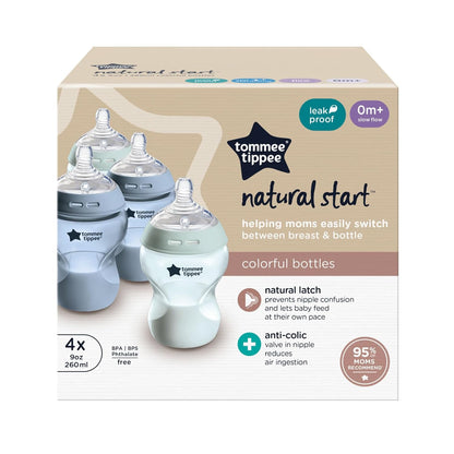 Tommee Tippee Natural Start Anti-Colic 9 oz BPA Free Baby Bottles, 0+ Months, Slow Flow Breast-Like Nipple, Self Sterilizing, Designed for Seamless Transition Between Bottle & Breast, Clear, Pack of 2