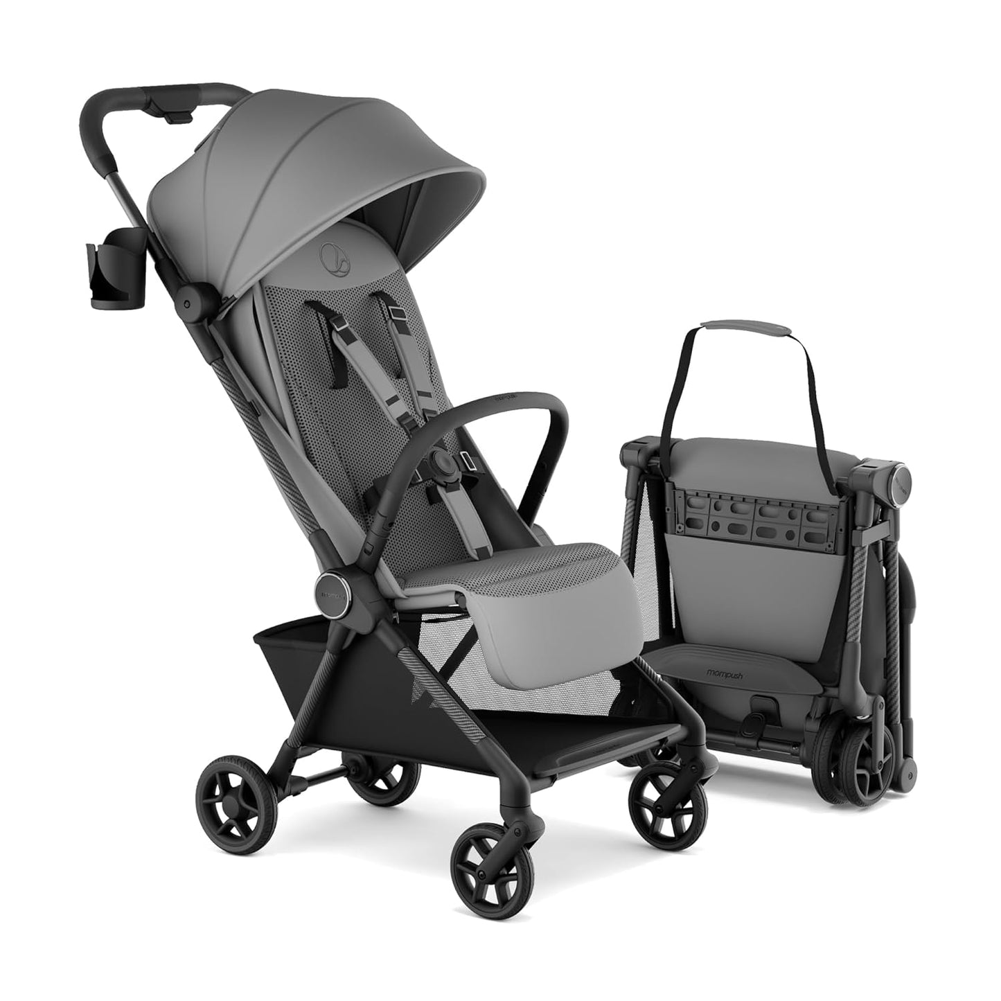 Mompush Nexis Carbon Travel Stroller, Ultra-Lightweight 11.5 lbs, Compact & Airplane Carry-On Approved, One-Second Auto-Fold, One-Hand Full Recline, from Birth to 50 lbs, JPMA Certified, Black