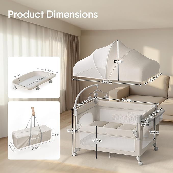 TinyGlow 4 in 1 Baby Bassinet, Pack and Play, Bedside Crib Sleeper, Diaper Changer, Quickly Assembled and Folded Portable Crib with Mattress and Mosquito Net, Easy to Carry