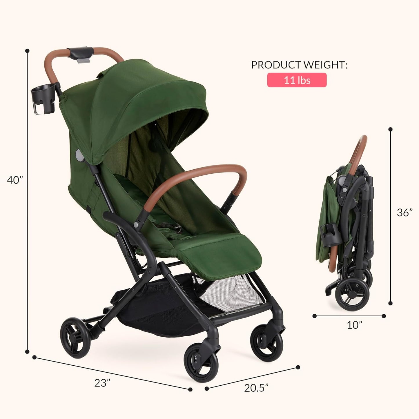 Dream On Me Rio Glide Ultra-Light Compact Stroller, One-Hand Self-Standing Fold, Adjustable Backrest & Footrest, 5-Point Harness, Cup Holder, Suspension Wheels with Storage Basket - Forest Green