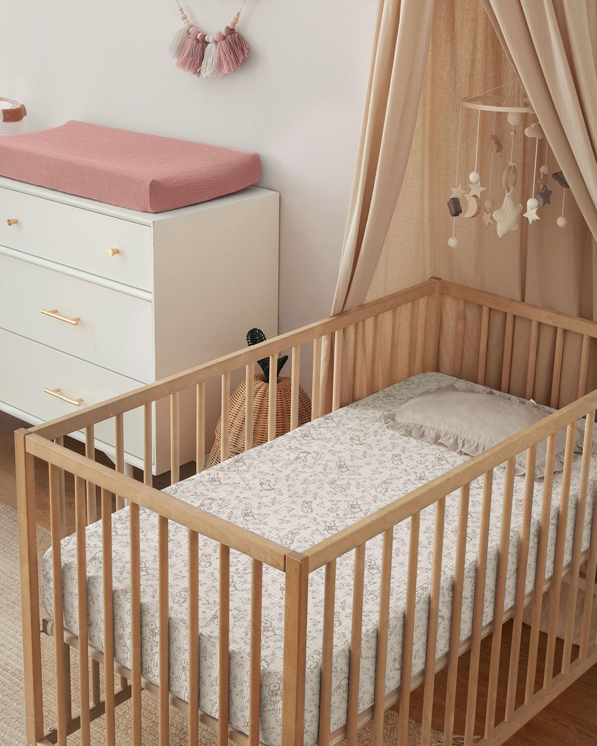 Blissful Diary Muslin Bassinet Sheets for Baby Girls Boys, Boho Soft Cotton Fitted for Oval Hourglass Rectangle Mattress, 2 Pack(Sunshine&Brown)