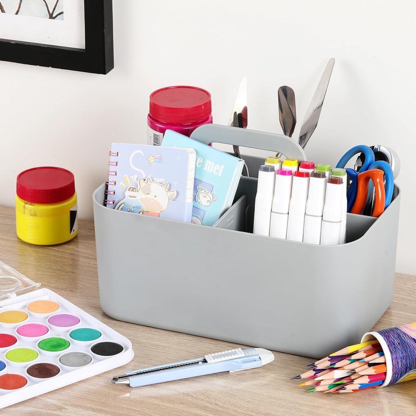 Multiuse Caddy Organizer with Handle, Portable Divided Plastic Tote Bin - Art Craft, Stationary Pen Marker Crayons, Makeup Hair Supplies Storage - Bathroom, Classroom, Dorm, Office, Desk Holder - Pink
