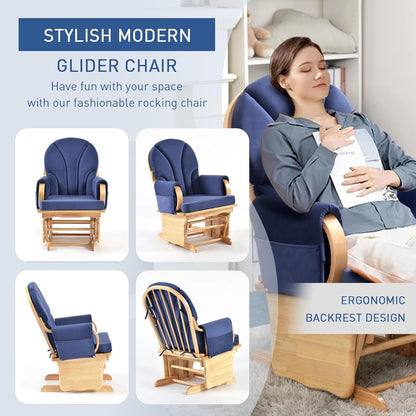 Rubber Wood Gliding Rocking Chair for Nursery, Rocking Chair Glider Rocker with Arm Rest, Padded Cushion for Living Room Bedroom Reading Room, 280lbs Weight Capacity, Blue