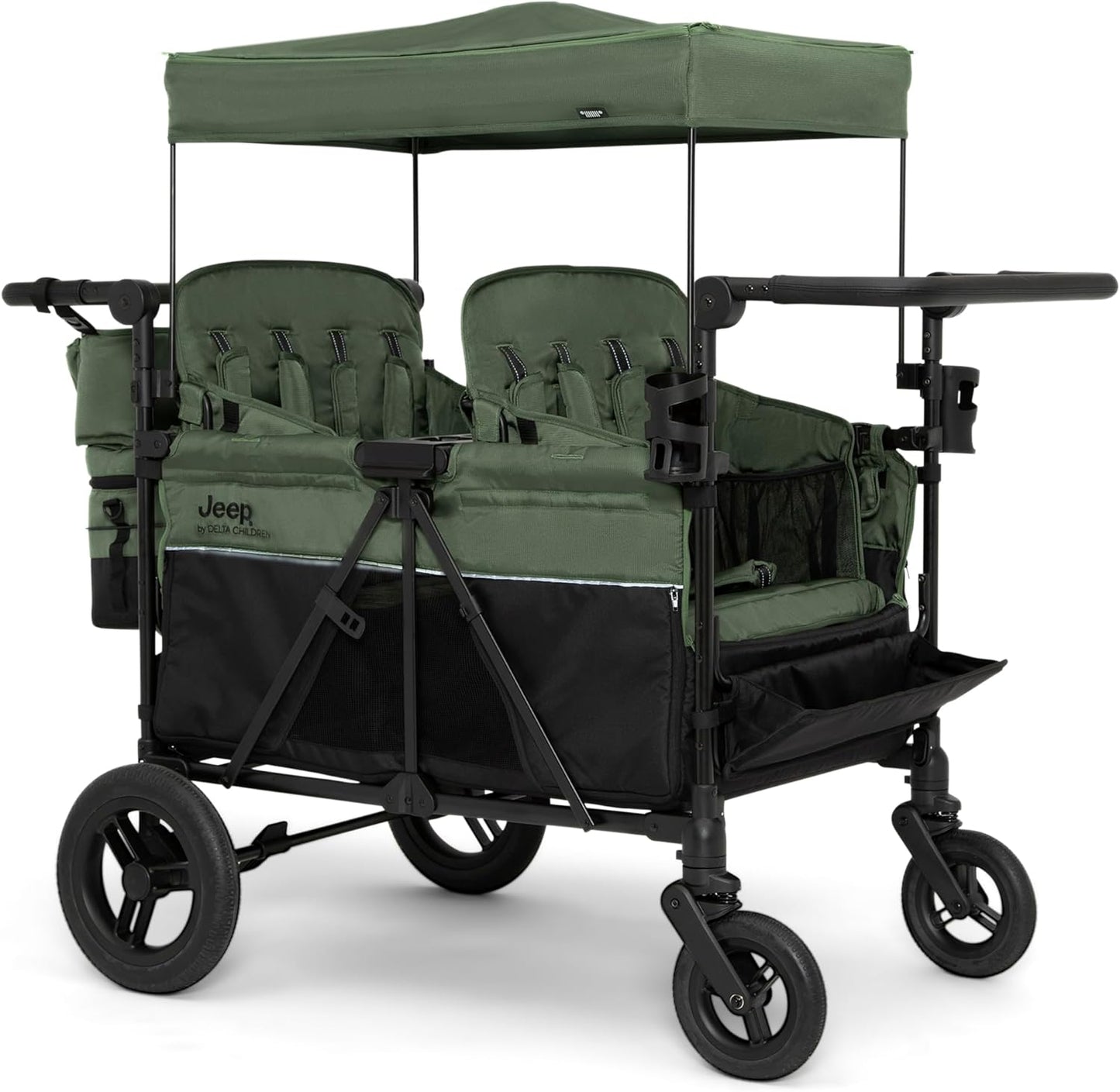 Jeep Wrangler Deluxe 4 Seater Stroller Wagon by Delta Children - Premium Quad Stroller Wagon for 4 Kids with Convertible Seats, Adjustable Push/Pull Handles, Removable Canopy & Flat Fold, Grey