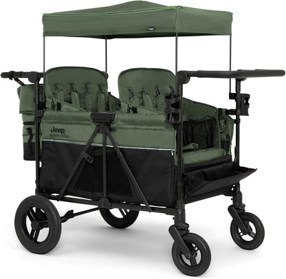 Jeep Wrangler Deluxe 4 Seater Stroller Wagon by Delta Children - Premium Quad Stroller Wagon for 4 Kids with Convertible Seats, Adjustable Push/Pull Handles, Removable Canopy & Flat Fold, Grey