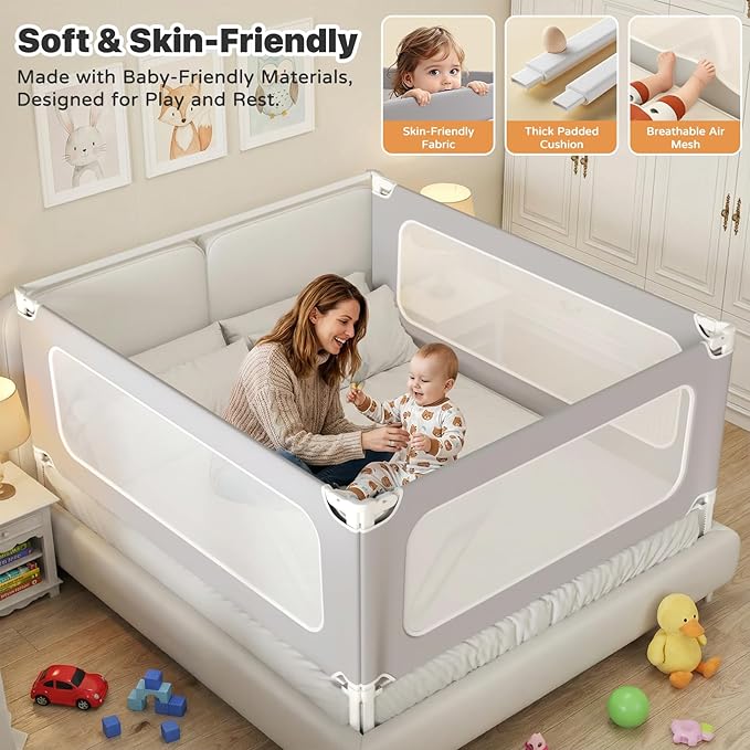 MagicFox 3 Piece King Size Bed Rail for Toddlers, Upgraded Height Adjustable Baby Bed Rail Guard, Thickened Child Safety Bed Rails for King Size Beds (78.7"x78.7"x74.8" Gray)