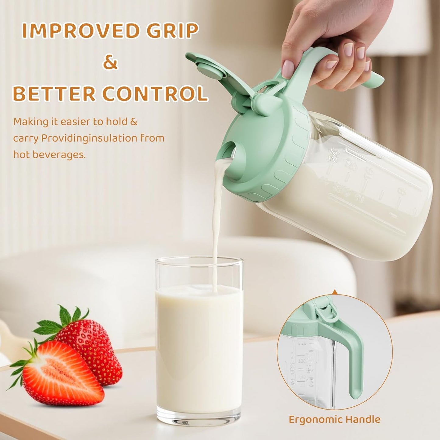 OneDream Breast Milk Pitcher 32oz Glass Pitcher with Lid, Formula Pitcher Leakproof Drip-Free Spout, Wide Mouth Mason Jar Pitcher for Easy Pouring, Dishwasher Safe Breastmilk Storage Pitcher