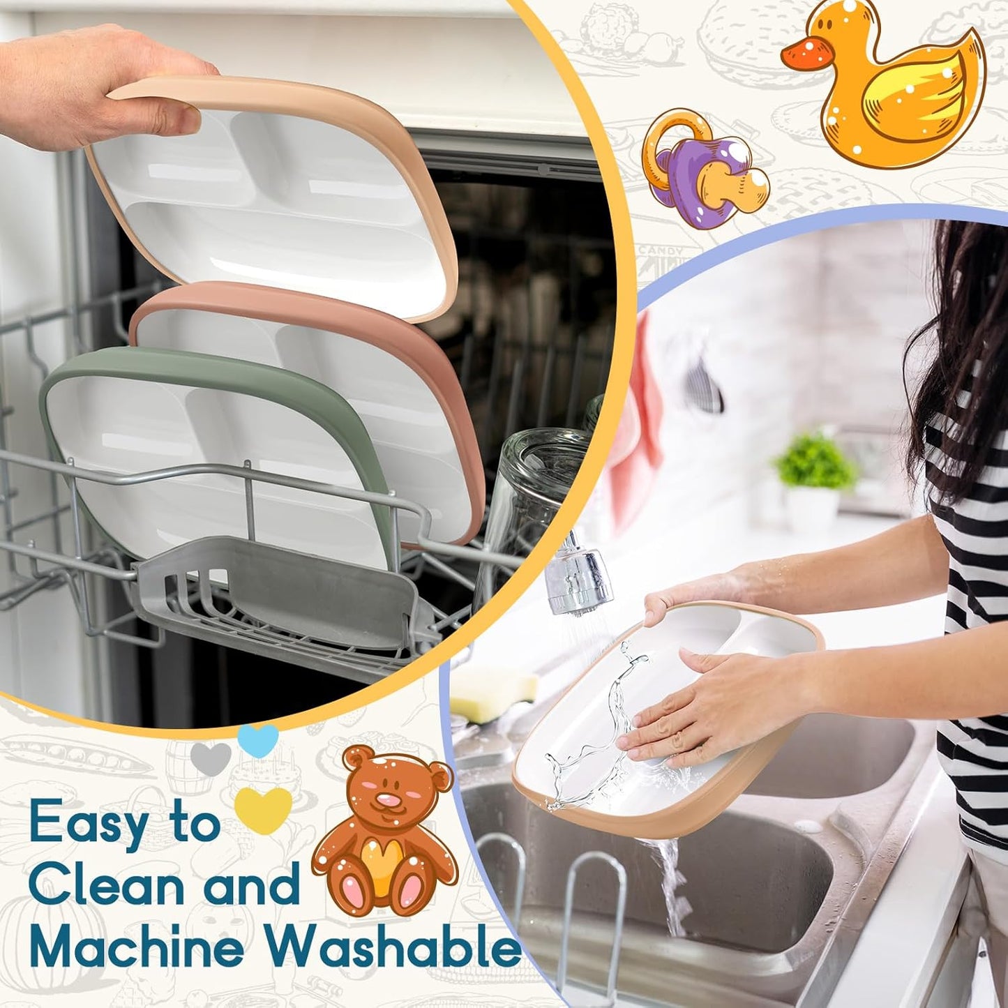 Domensi Kids Porcelain Plates with Silicone Sleeves 8.2 Inch Divided Porcelain Plate Toddler White Suction Dishes for Baby Troubleless Eating Microwave Dishwasher Safe(Stylish,3 Set)