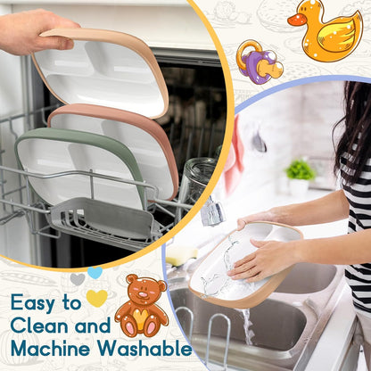 Domensi Kids Porcelain Plates with Silicone Sleeves 8.2 Inch Divided Porcelain Plate Toddler White Suction Dishes for Baby Troubleless Eating Microwave Dishwasher Safe(Stylish,3 Set)