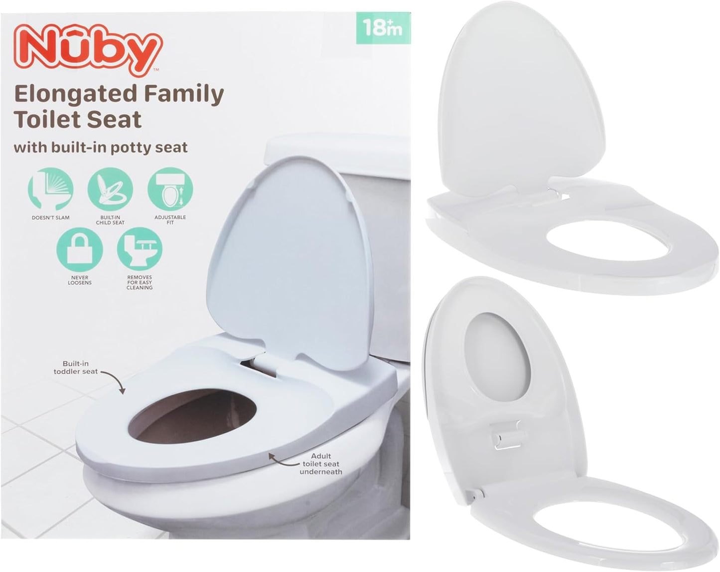 Nuby Family Toilet Seat - Built-in Potty Training Toilet Seat - Fits All Elongated Toilets - Secure and Wiggle-Free - Easy to Install and Remove
