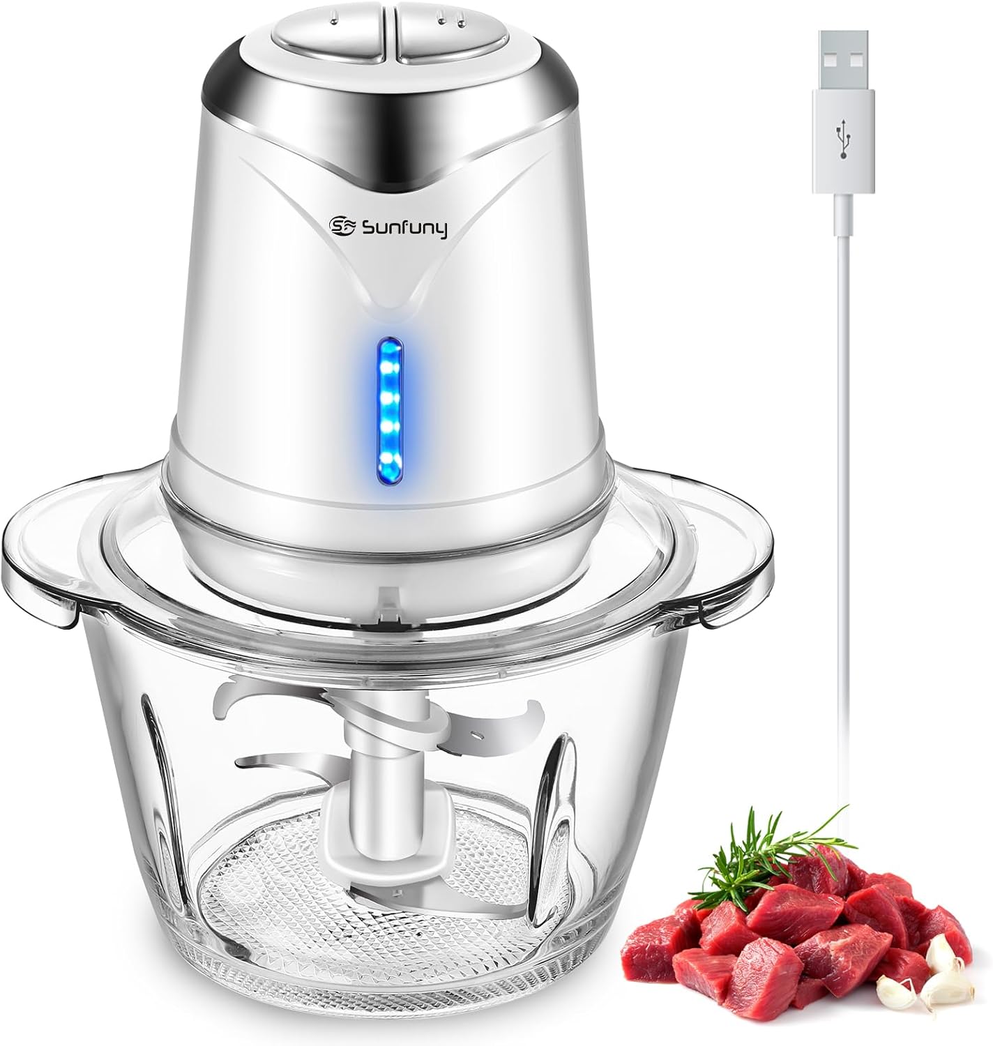 Food Processor Cordless Vegetable Chopper with 5 Cup Stainless Steel Bowl＆6000mAh USB Rechargeable Battery, Electric Garlic Meat Choppers BPA-free Baby Food Processors Blender Mincert(White)