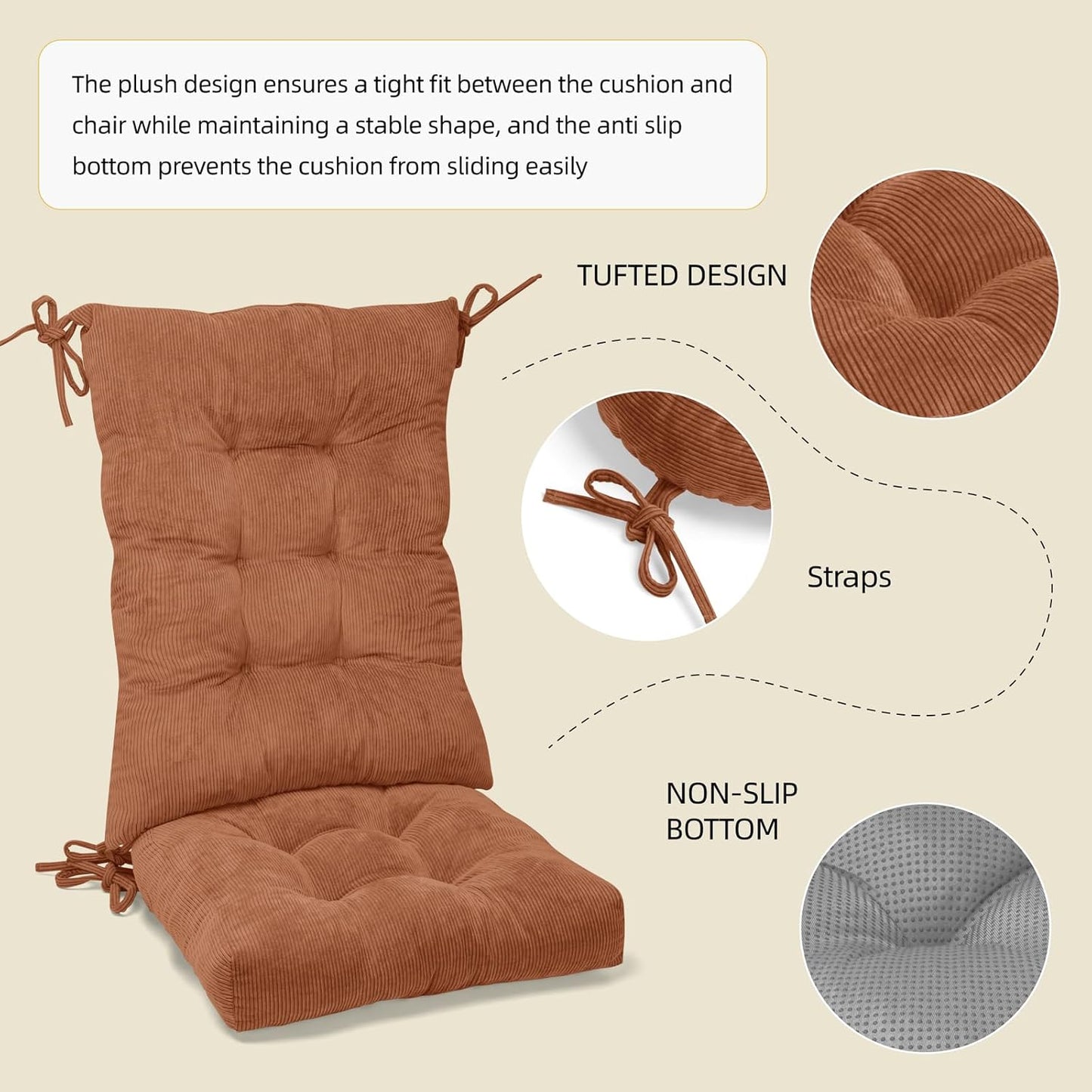 Millsilo Rocking Chair Cushions 3-Piece Set with Neck Pillow, Indoor Rocker Comfortable Tufted Non-Slip Pads with Ties, High-Density Foam Cushion for Adirondack Glider Chair, Orange, 52 x 19 x 4 Inch